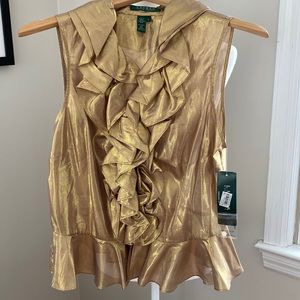 LAUREN RALPH LAUREN Gold Ruffle Sleeveless Blouse RAJ Fashion 1 Indian Gold NWT